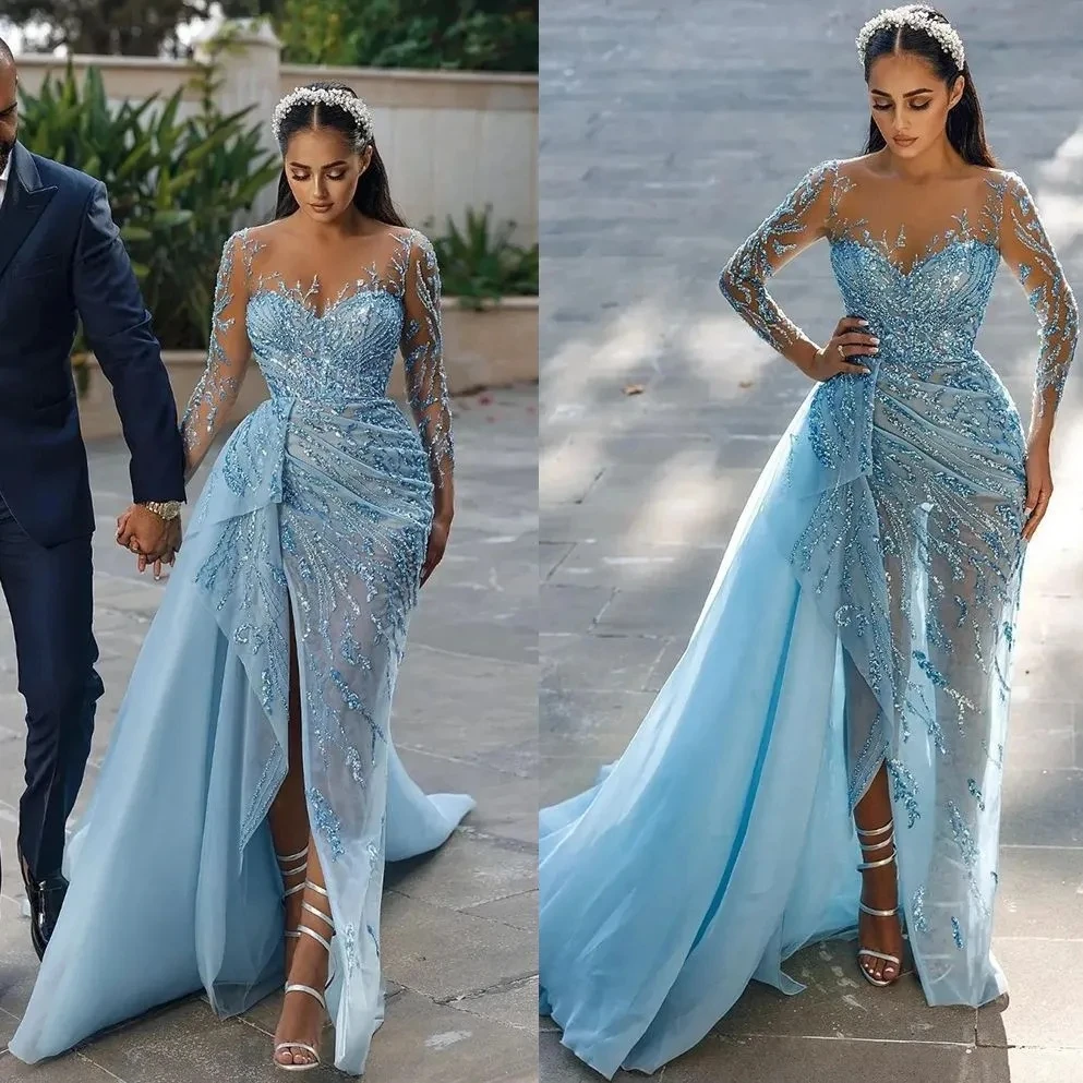 Sky Beaded Blue Prom Dresses Scoop Neck Long Sleeves Sequins Sweep Train Side Slit Custom Made Ruched Evening Party Gowns Vestid