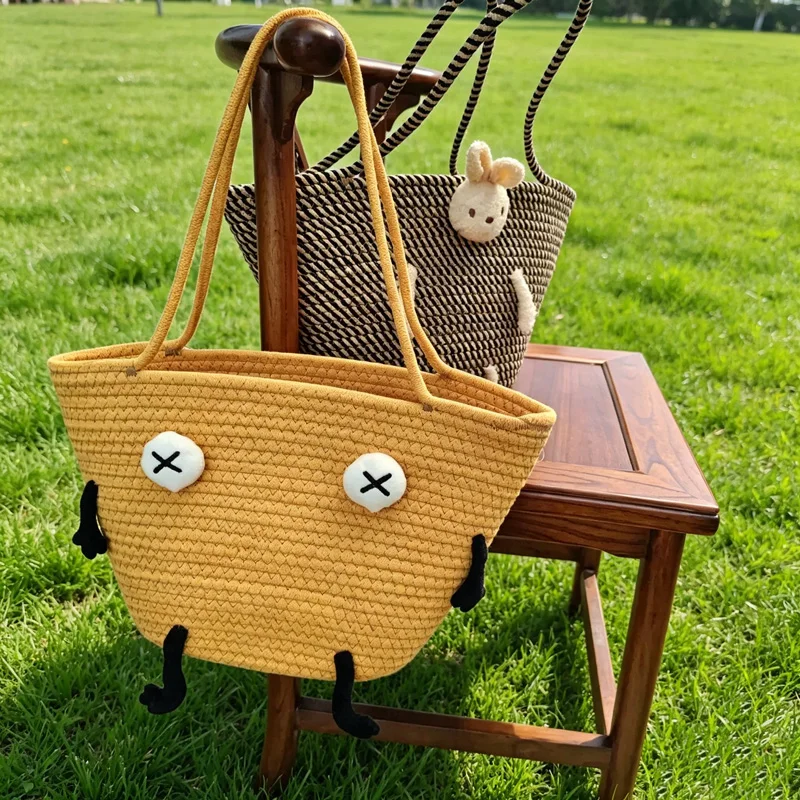 

CLAREGQI Cute Cartoon Doll Decor Woven Tote Bag Large Capacity Cotton Rope Shoulder Handbag Casual Summer Beach Shopping Bag f