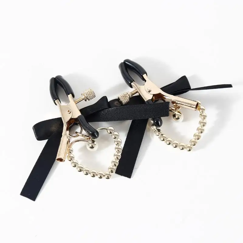 1PC Adjustable Nipple Clamps With Soft Non Slip Tips Black Bow And Pearl Heart Pendant Perfect For Intimate Couple Bedroom Play view 3