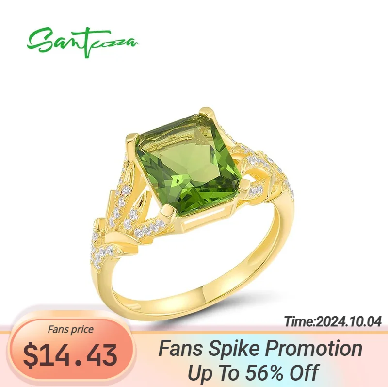 

SANTUZZA Pure 925 Sterling Silver Ring For Women Sparkling Green Glass White Cubic Zirconia Yellow Plated Party Fine Jewelry