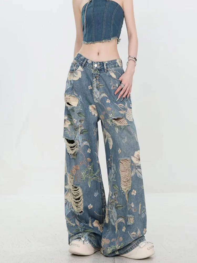 American Street Print Jeans For Women Trendy Style Loose And Versatile Floor-length Wide-leg Pants With A Versatile Design