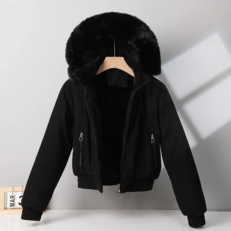Trend Women's Winter Jacket Fleece Lined Fur Collar Hooded Warm Parka Short Coat Zipper Long Sleeve Windproof Outerwear New