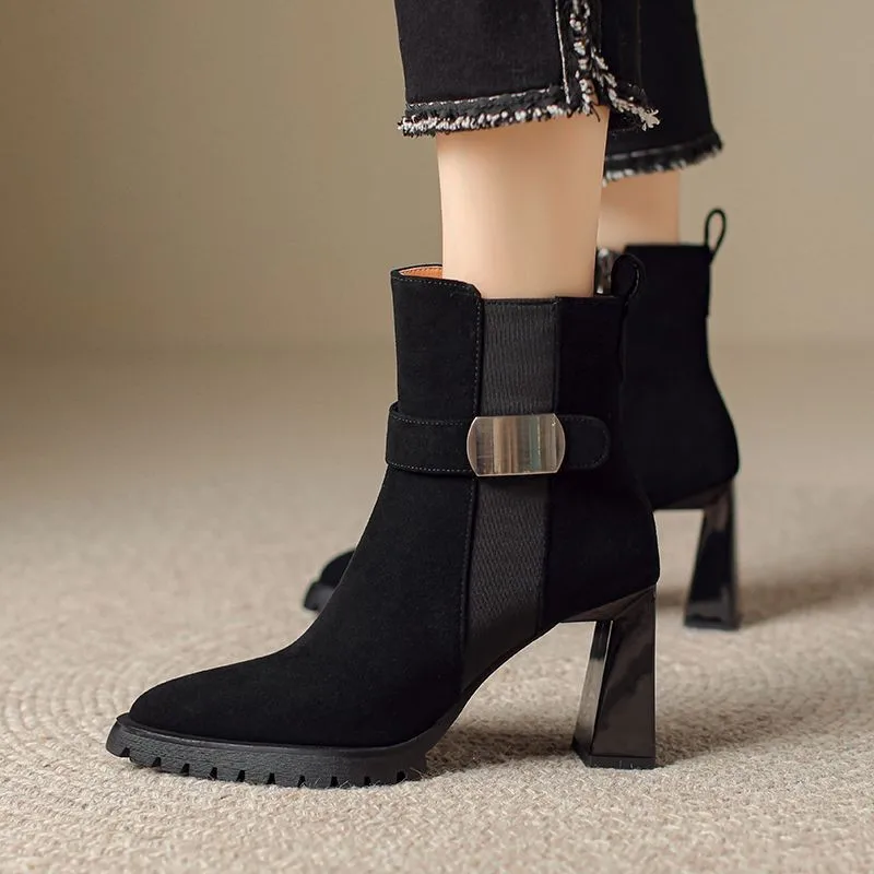 

2025 Fall Winter New Platform Ankle Boots for Women Chunky Heel Pointed Toe Metal Decor Slim Height Increase Boots for Petite