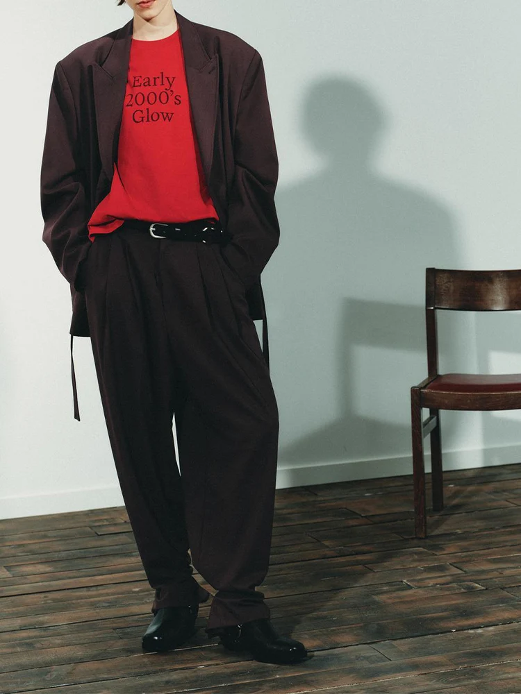 

European style new women's fashion versatile lapel long sleeve belt decorated suit jacket hem button pleated trousers