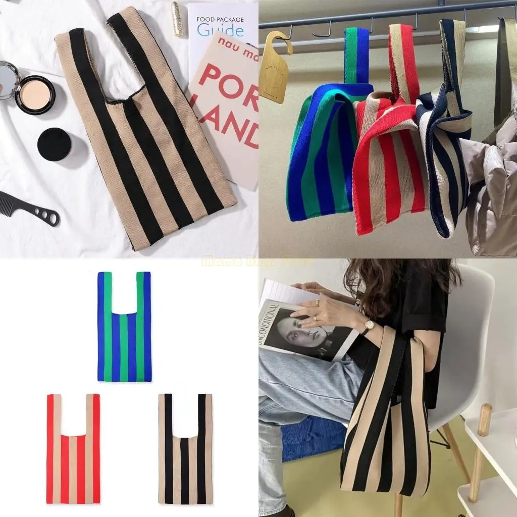 

X90D Stripes Pattern Bags Keyboard Lines Knitted Handbag Reusable Shopping Bags Casual Shoulder Tote Bag for Women Girls