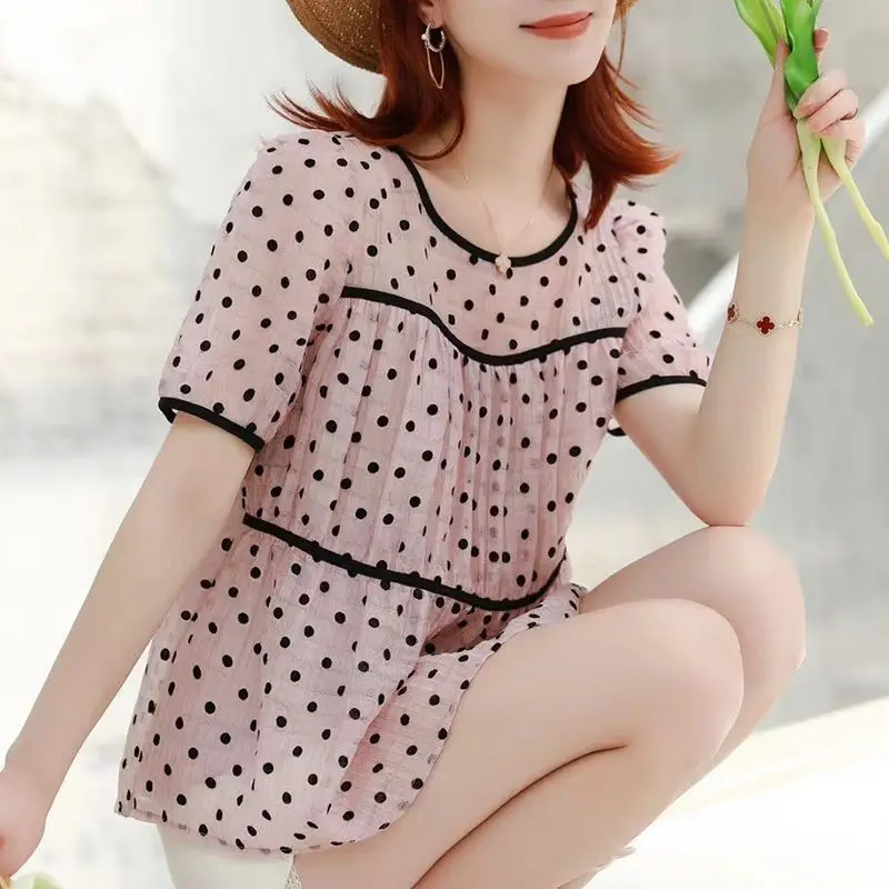 Fashion Loose Women's Polka Dot Printed Chiffon T-shirt 2023 Summer Casual All-match Round Neck Spliced Tops Female Clothing