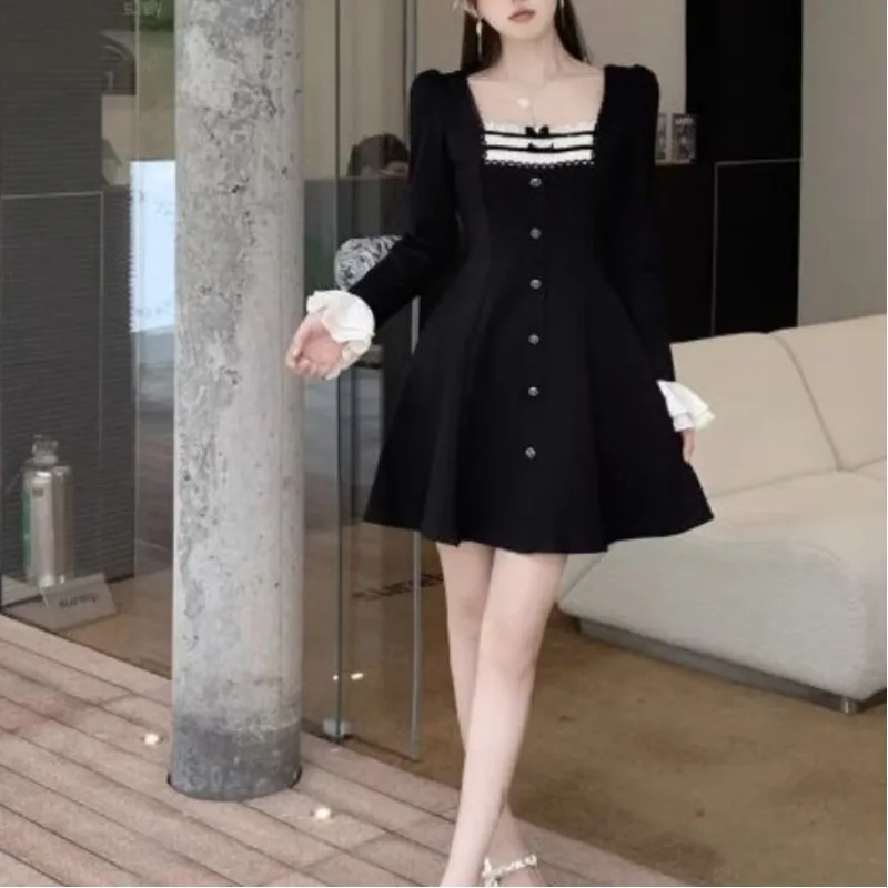 2024 Summer New Fashion Flattering Spliced Square Collar Lace Ruffles Bow Solid Color Flare Sleeve Button Women's Clothing Dress