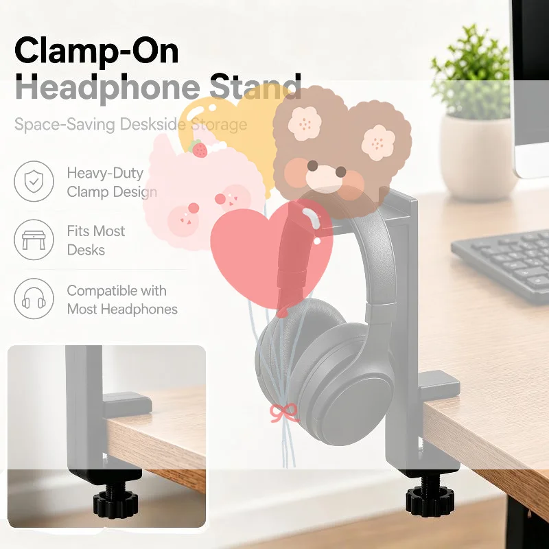 Heavy Duty Desk Clamp Headphone Stand Desk Side Headset Holder Headphone Organizer Universal Over-Ear Headphone Display Rack