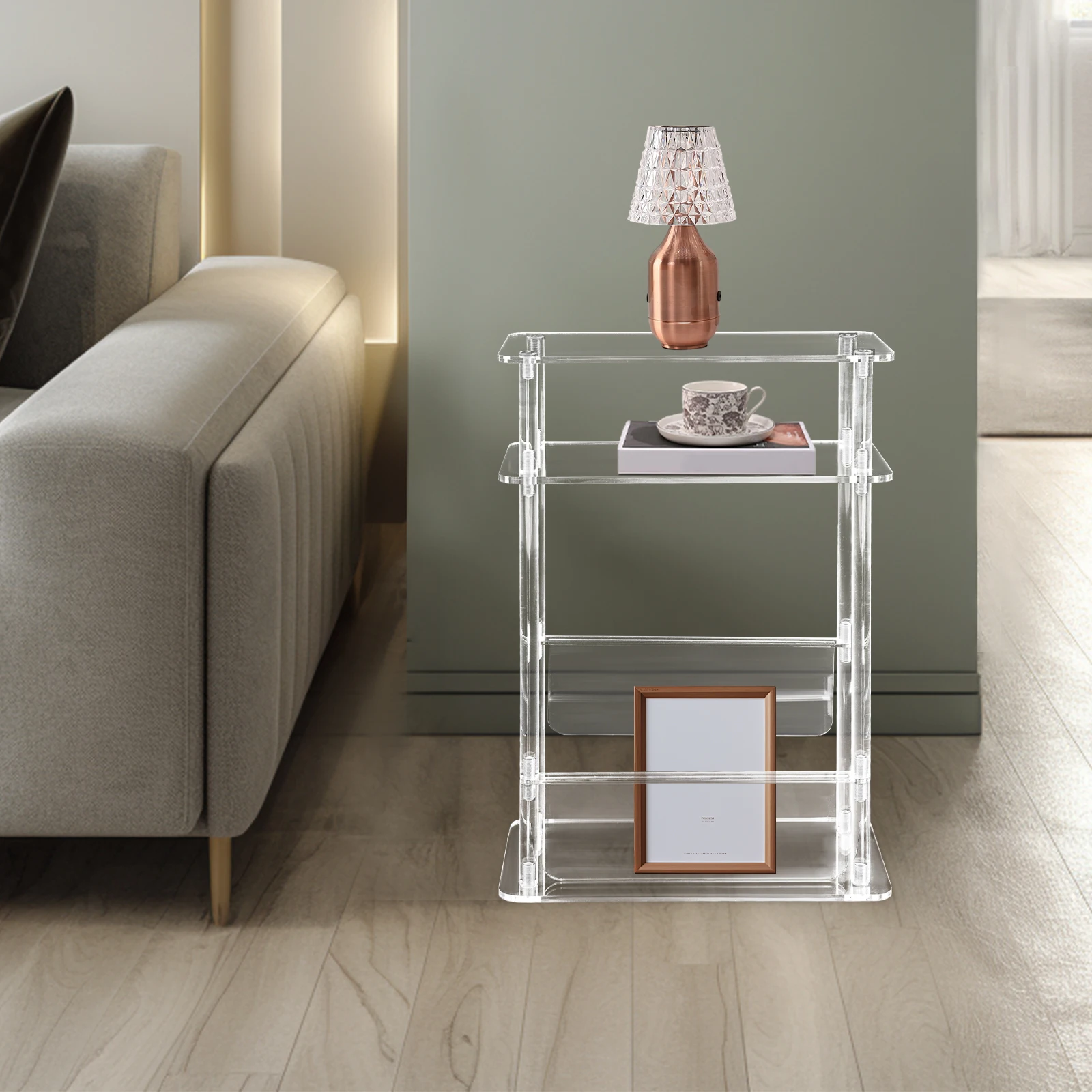 

3 Tier Acrylic Narrow End Table for Small Spaces, Slim Bedside Table with Magazine Holder, Clear Acrylic Small Side Table