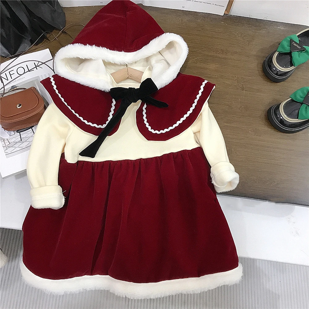 Kids Girls Red Fleece Dress Sets Turtleneck Long Sleeve Warm A-line Patchwork A-Line Dresses+Hooded Velvet Cape Christmas Suits