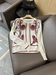 3.1 Women's Vintage Fashion Silk Position Print Spliced Round Neck Single Breasted Soft Comfortable Casual Knit Cardigan