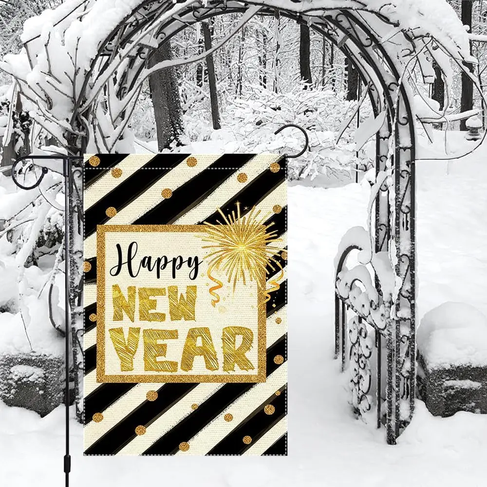 Happy New Year Garden Flag 12x18 Inch Double Sided Small Burlap Gold Glitter Design for Outdoor Yard Decoration TTL LLG