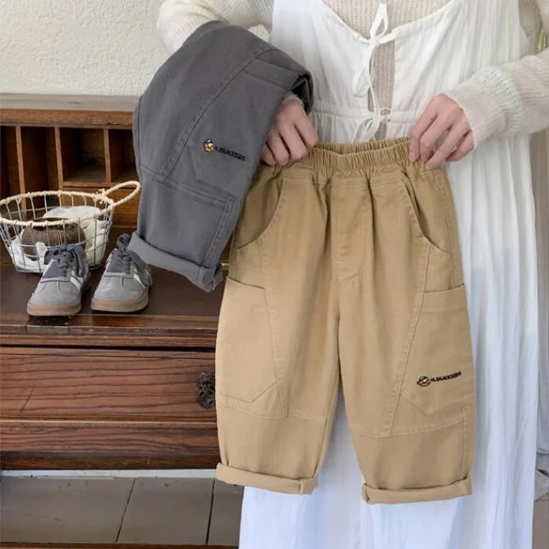 

Весенне-осенние штаны для маленьких мальчиков, хлопковые однотонные повседневные шаровары для детей, простые штаны-карго для маленьких мальчиков, От 2 до 8 лет