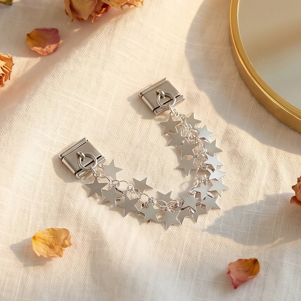 Abnehmbare Kreisförmige Sternblatt-Kette mit Doppelhängerkette, Italienischer Charm-Anhänger, Passend für 9mm Edelstahl-Armband, DIY-Schmuck – Detail 5