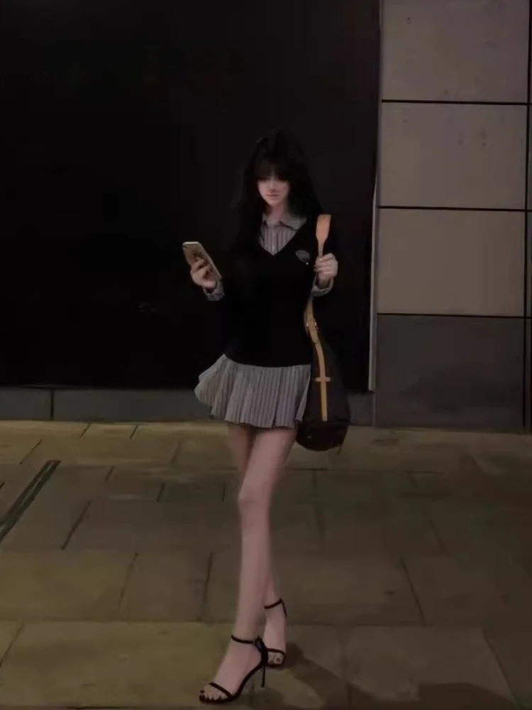 Vestido listrado estilo preppy coreano, em camadas, contraste, gola polo, manga comprida, vestido emagrecedor, início do outono, vestido feminino jovem 2025