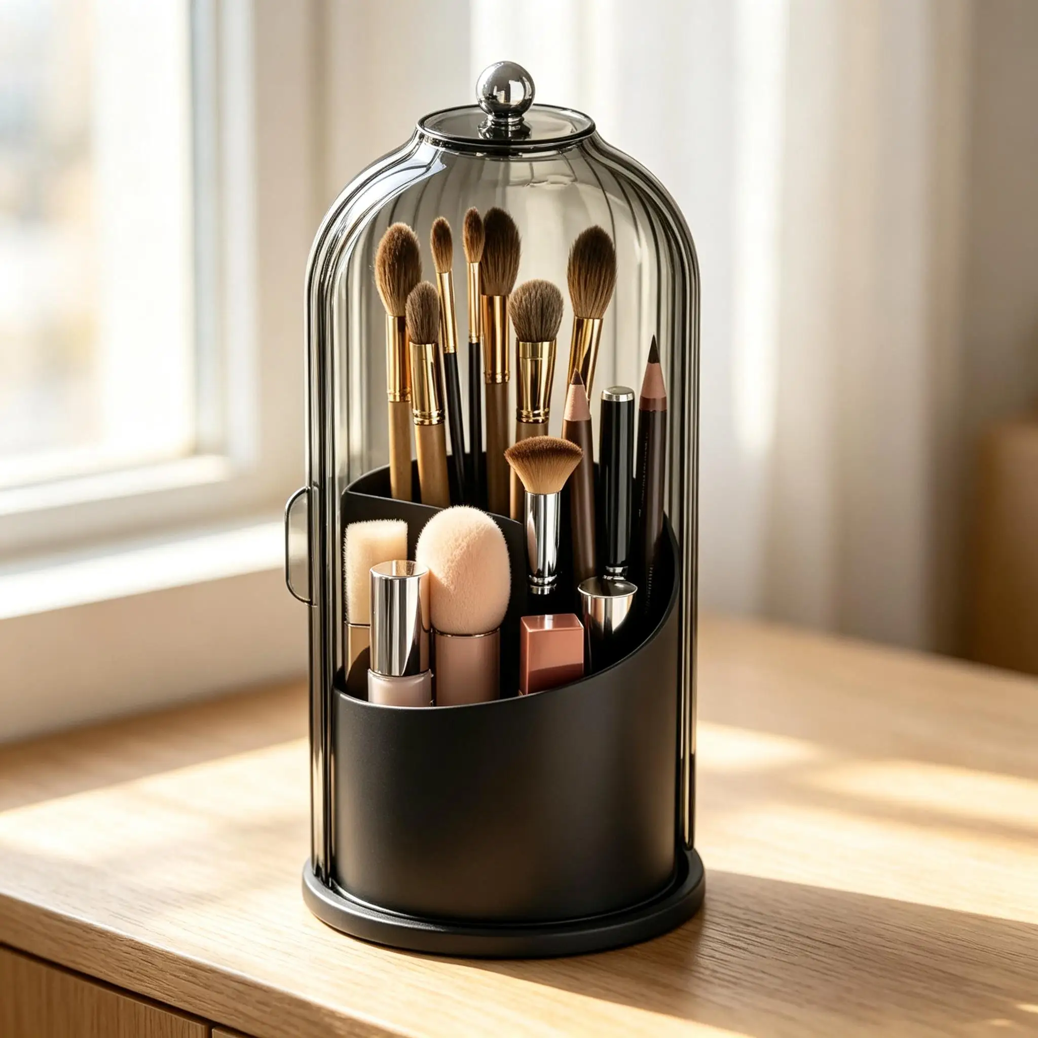 Rotating Dustproof Toothbrush Holder Organizer, 360° Swivel Multi-Functional Caddy for Makeup Brushes & Toothpaste, Compact Space-Saving Bathroom Vanity Countertop Rack for Apartments