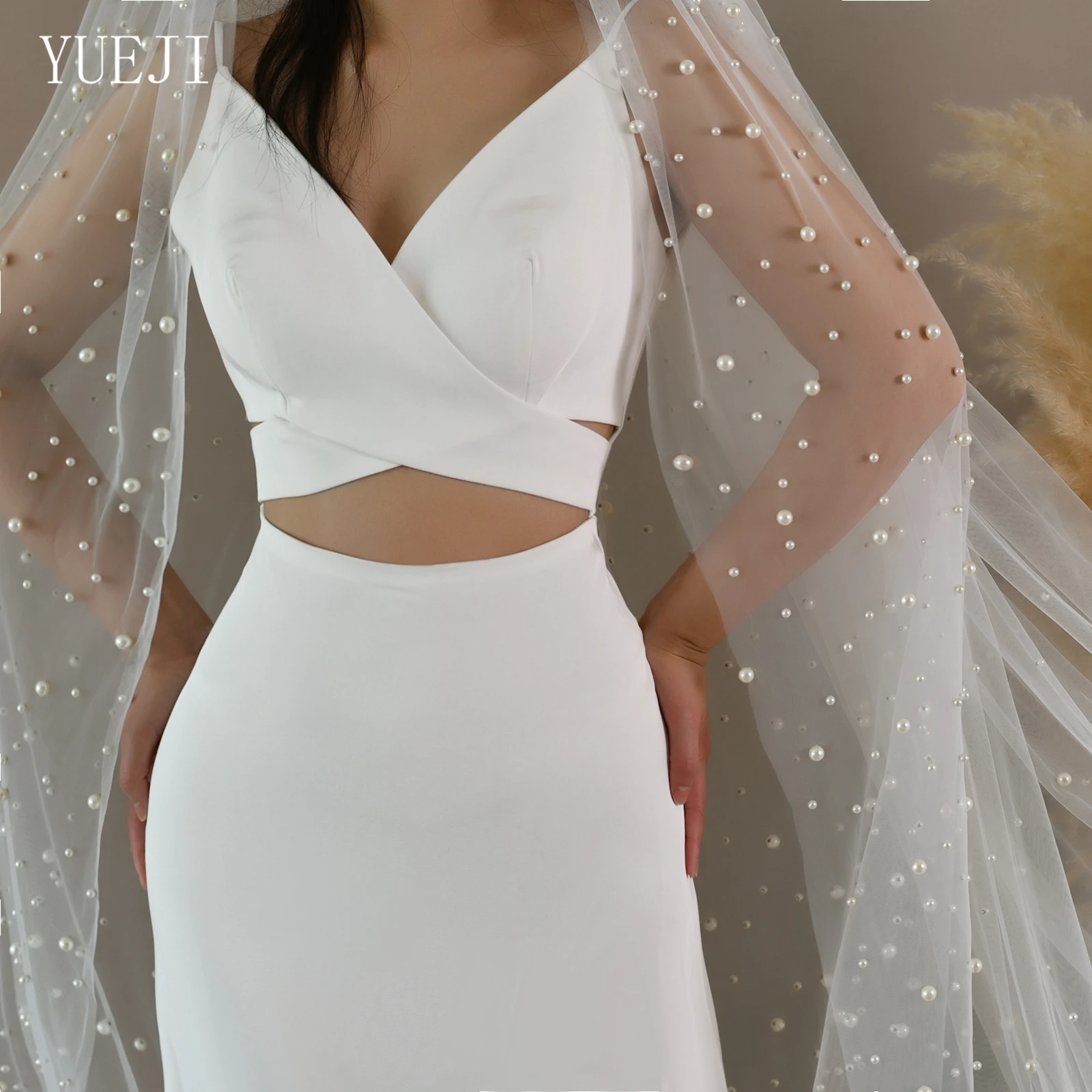 YUEJI رائعة ورائعة طبقة مزدوجة اللؤلؤ الحجاب الزفاف المتخصصة تصميم فريد الطبقات تقليد اللؤلؤ فستان الزفاف نمط V246
