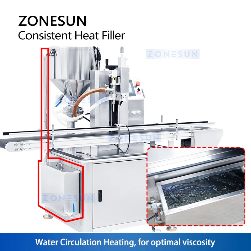 ZONESUN Piston Filler Thick Liquid Filling Machine with Heater Mixer Paste Filler Lotion Detergent Packing Equipment ZS-WCHJ1C