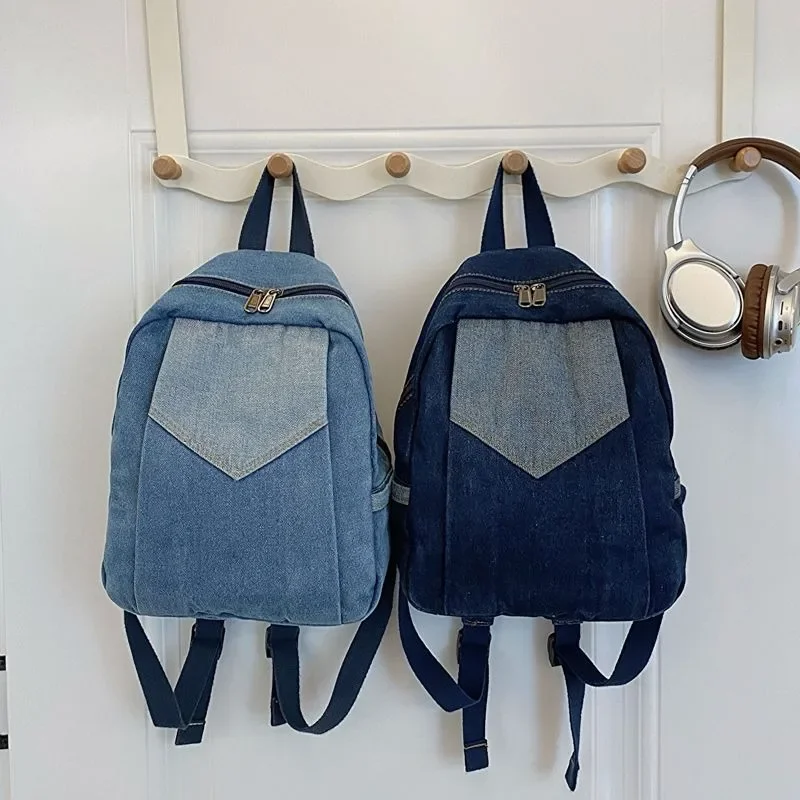 

Retro Sense Denim Backpack Female New Style Tide Fashion Simple Solid Color Fallow Satchel