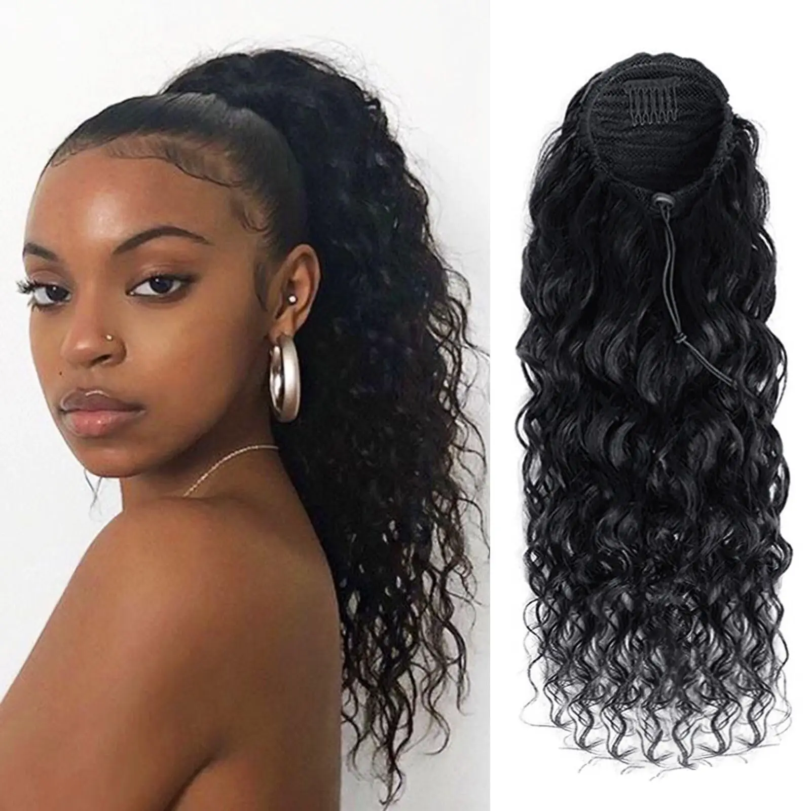 Water Wave Drawstring Ponytail Human Hair Extensions Natural Black Loose Deep Wave Clip In Hair Extensions Ponytail For Women