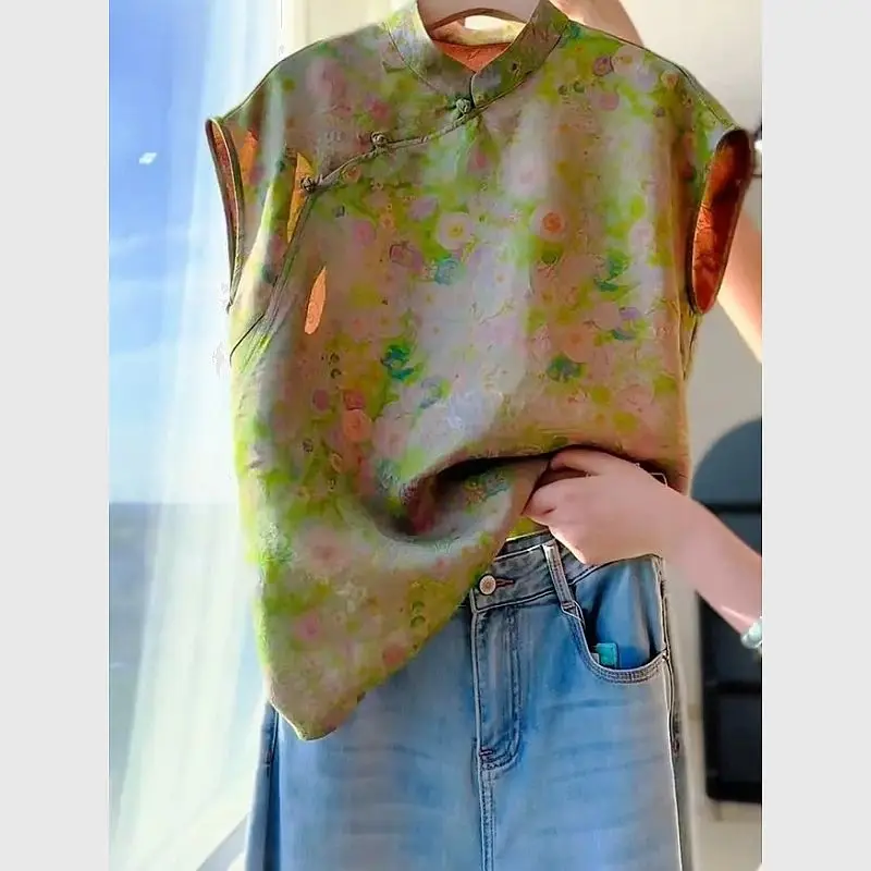 الأزهار المطبوعة الحرير الحرير البلوزات النساء طويلة الأكمام فضفاضة قمم خمر النمط الصيني شيونغسام أعلى المتضخم