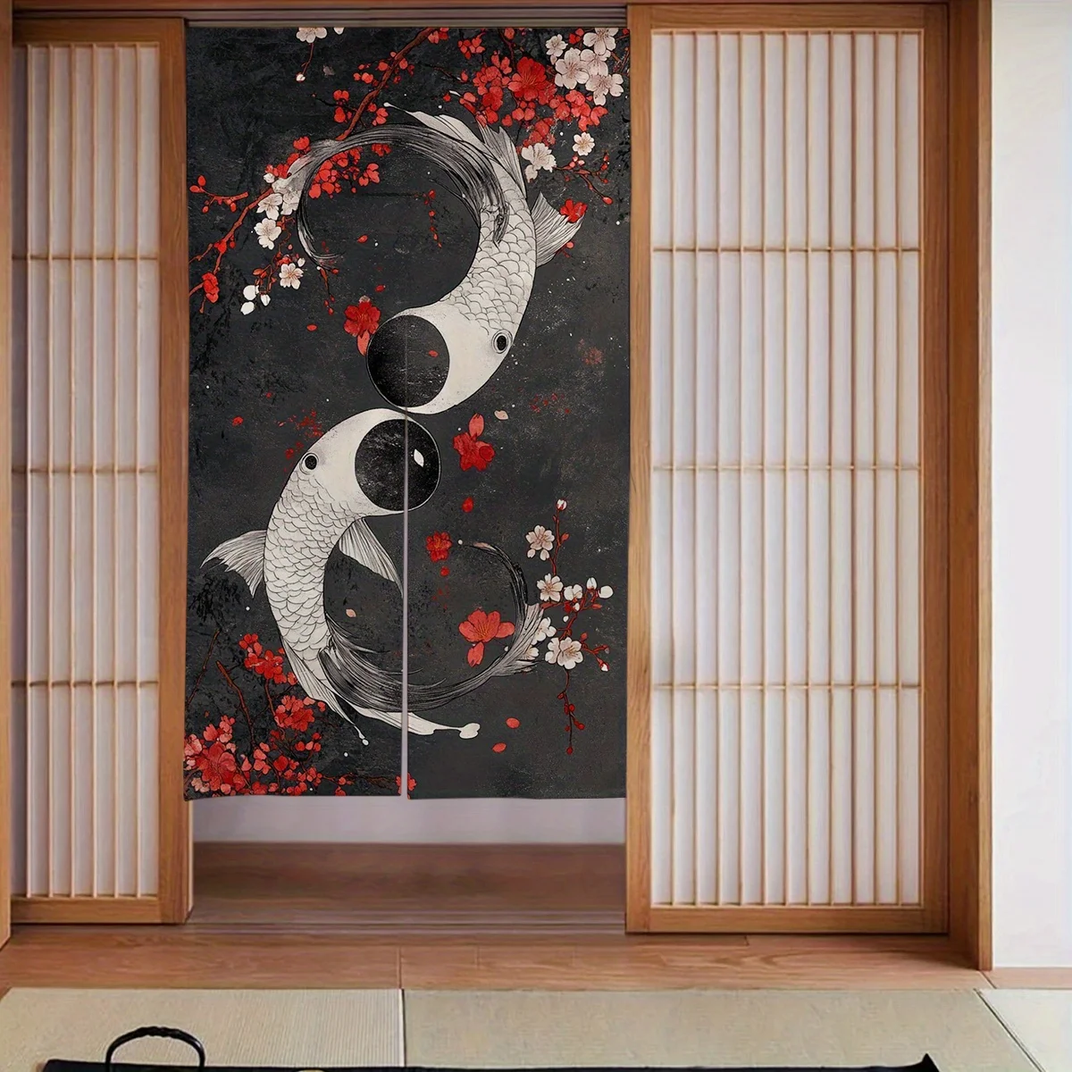 1 unidad de cortina de puerta japonesa Ukiyoe Yin-Yang Koi, cortina de partición de tela con patrón de carpa de flor de cerezo de estilo japonés, decoración del hogar