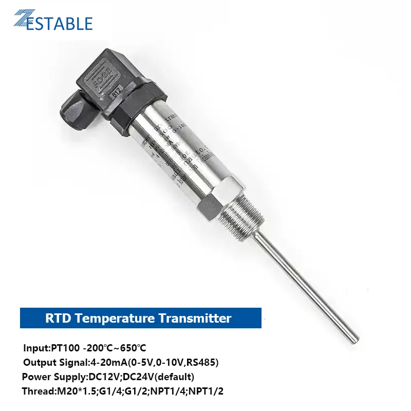 PT100 -50~500℃ Temperature Transmitter Plug-in LCD Display 1m cable 4-20mA Output 50x6mm with M20*1.5 Thread Size Plunger Probe