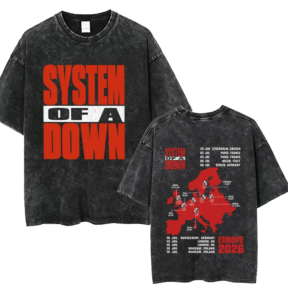 Washed Vintage Rock Band System of A Down Cartoon Graphic T-shirt Men Retro Gothic Oversized Short Sleeve T Shirt Man Streetwear