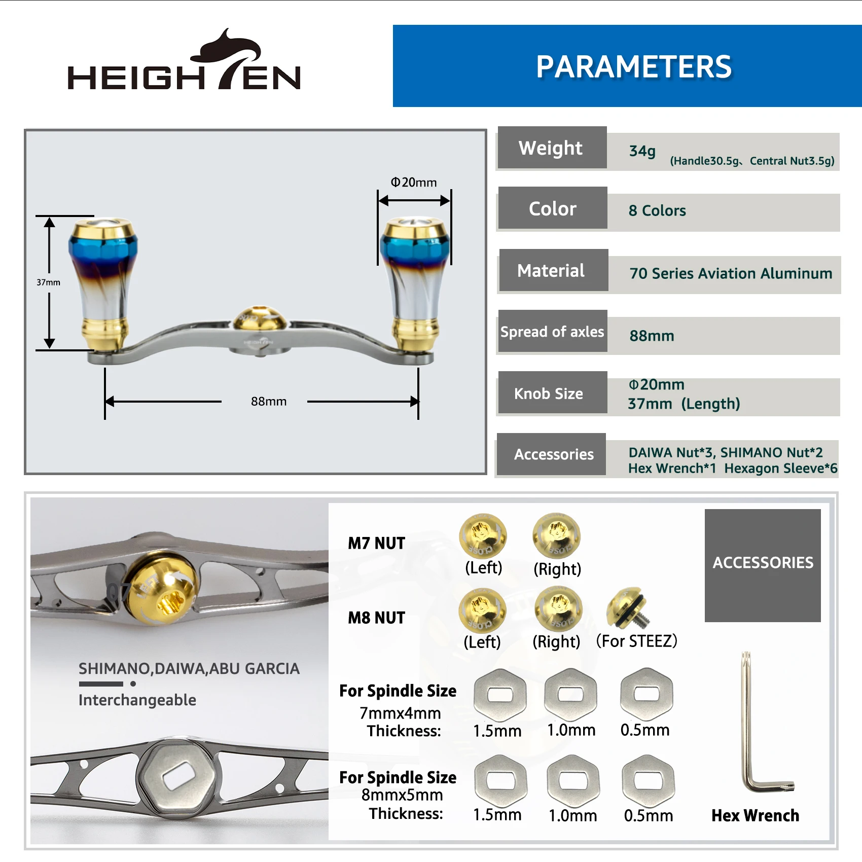 HEIGHTEN-Poignée de moulinet de lancer d'appâts, accessoires pour Shimano Antares Daiwa Zillion Steez, 88mm