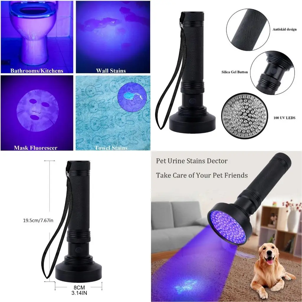 

УФ-фонарик Blacklight, супер яркий 100 светодиодов, УФ-фонарик для мочи собак, пятен домашних животных или пятен к постели, маркер для проверки высокого качества