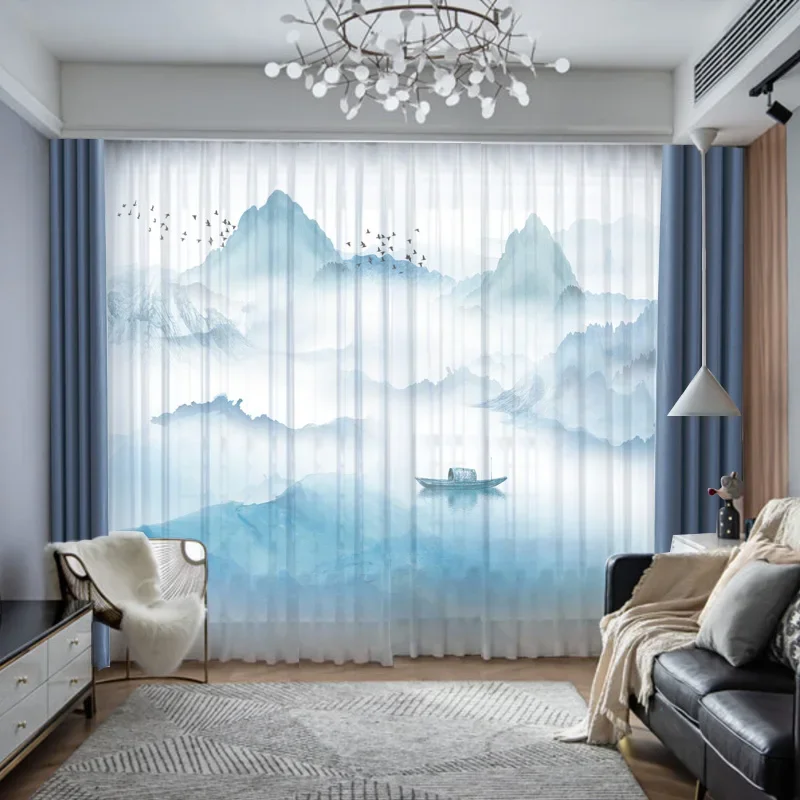 New Chinese Ink Landscape Curtains for Living Room Bedroom Study Upscale Yarn Tulle Screen Light Luxury Floor-to-ceiling Windows