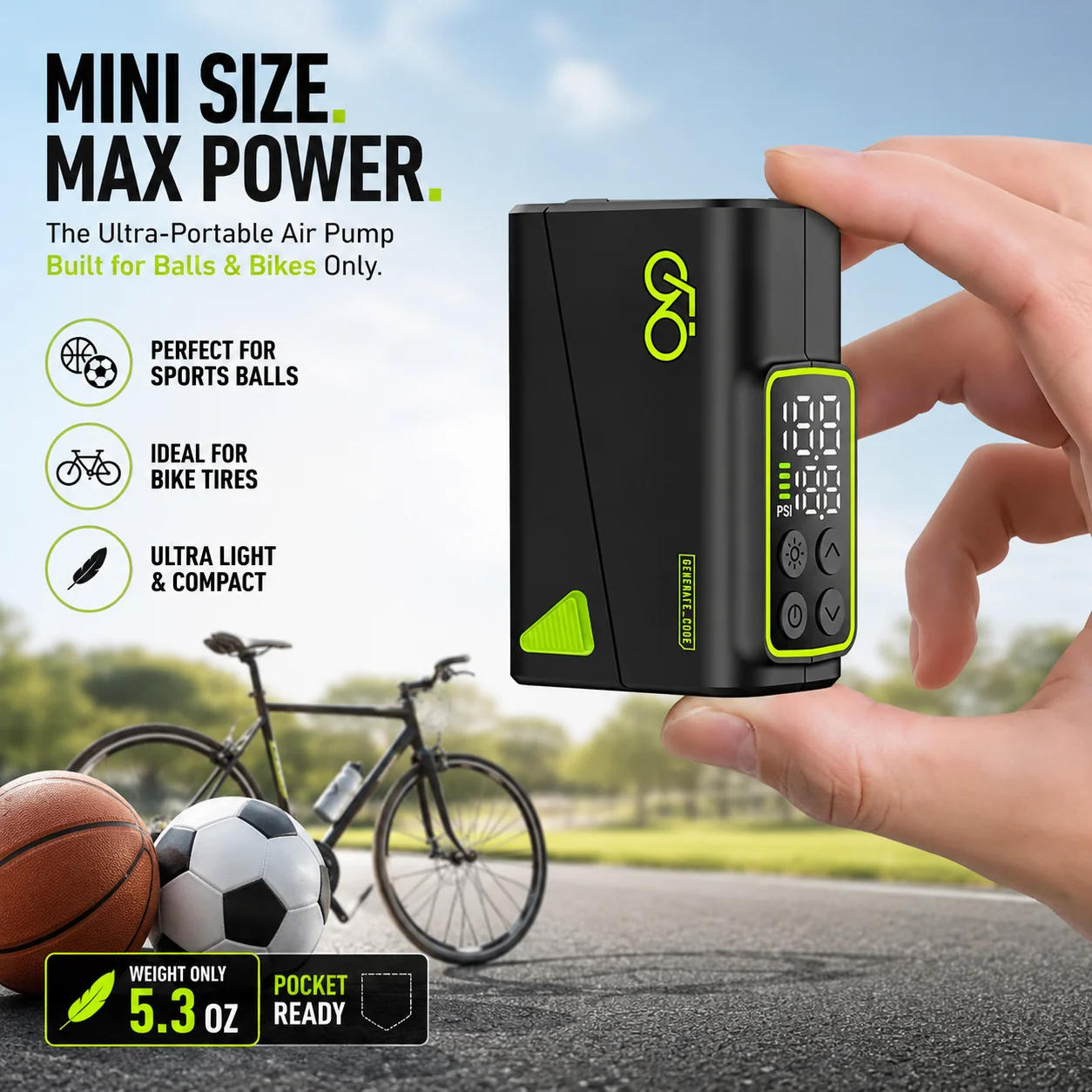 Electric Bike Pump, Fast-Inflation Mini Tire Inflator 150PSI with Gauge, Brushless Motor Rechargeable Cordless Air Pump