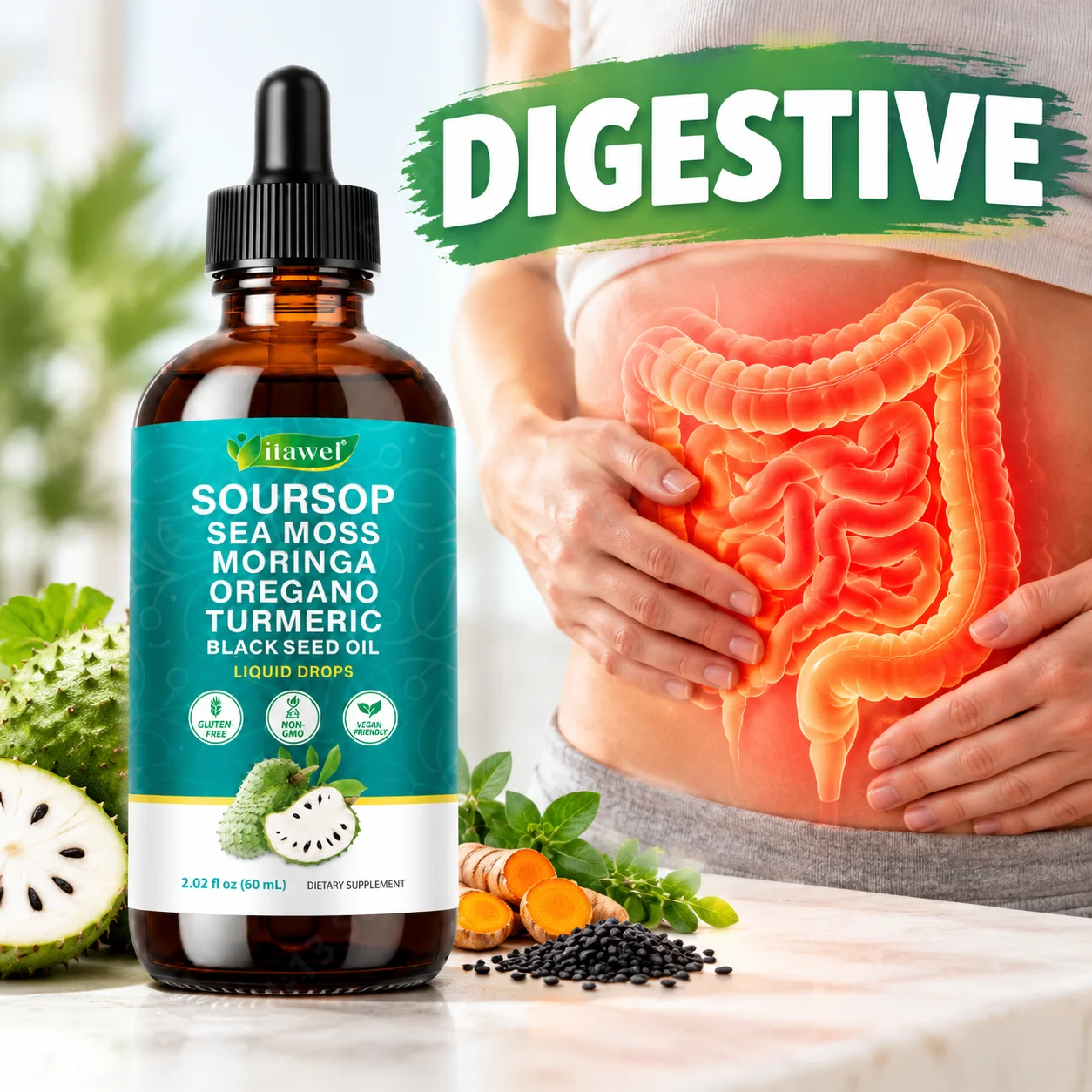 Soursop Liquid Drops Supports Digestive Health and Maintains Gut Balance Black Cumin Seed Oil Turmeric Oregano 60ml 30day Supply