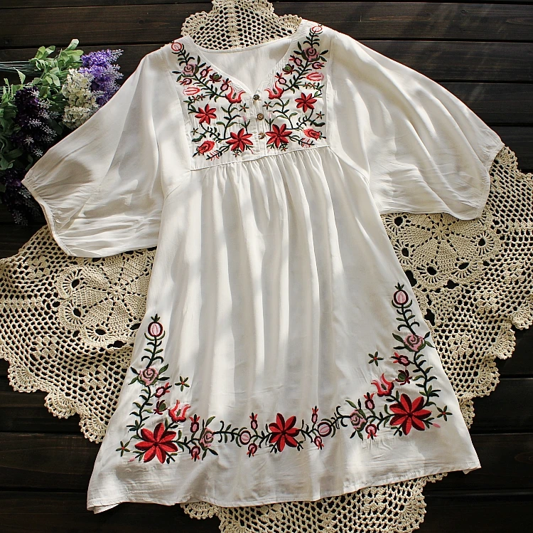 Summer Women Mexican Embroidered Floral Peasant Blouse Vintage Ethnic Tunic Boho Hippie Clothes Tops Blusa Feminina