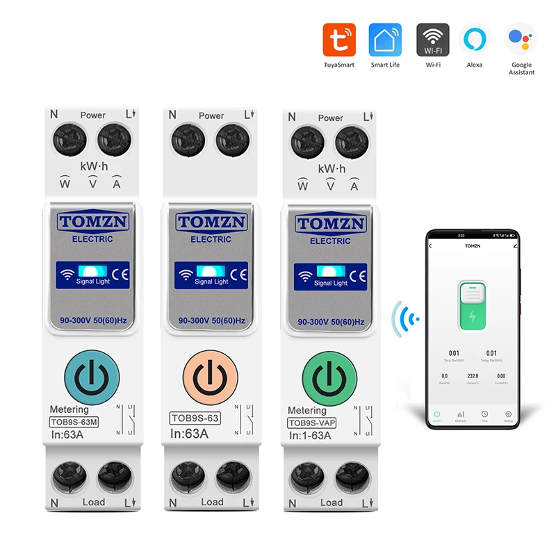 Interruptor Inteligente WIFI TOMZN 63A, Medidor de Energía kWh, Monitoreo de Consumo, Temporizador, Relé, Interruptor Automático MCB, TUYA smartlife 1P+N
