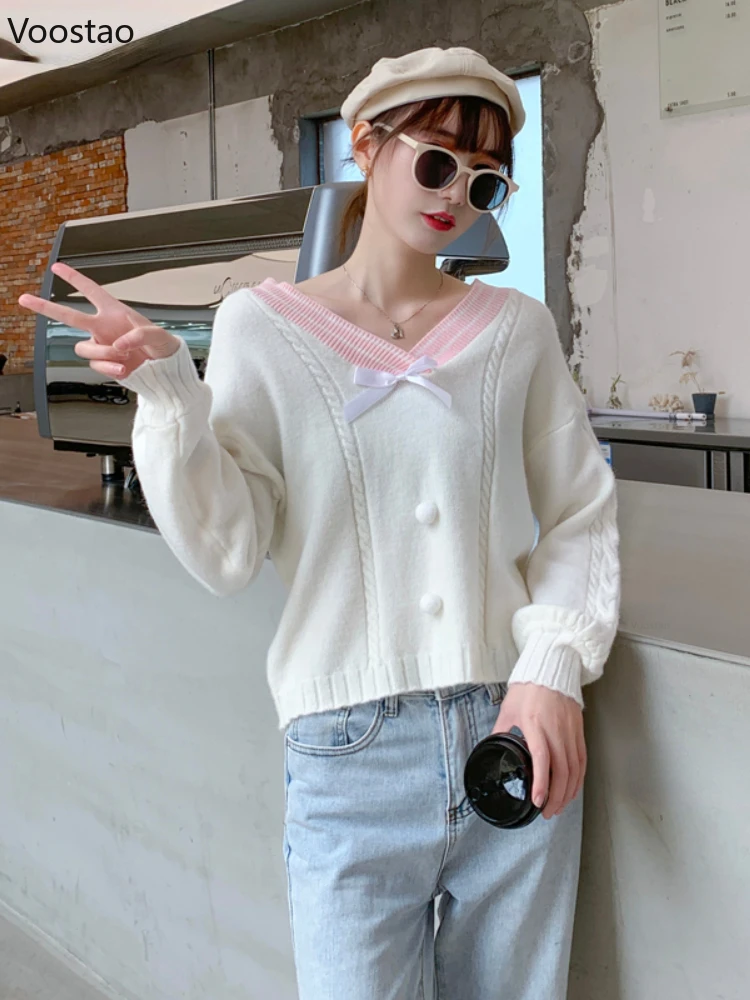 Korean Sweet Lolita Women V-Neck Knitted Pullovers Vintage Loose Jumper Cute Bow Japanese Girls Preppy Style Sweater Crop Tops