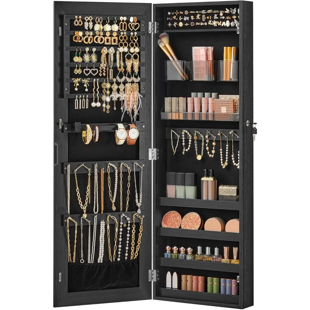 

Mirror Jewelry Cabinet Armoire, Hanging Lockable Frameless with 2 Plastic Cosmetic Organizers, Mounted Jewelry Storage, Mirror