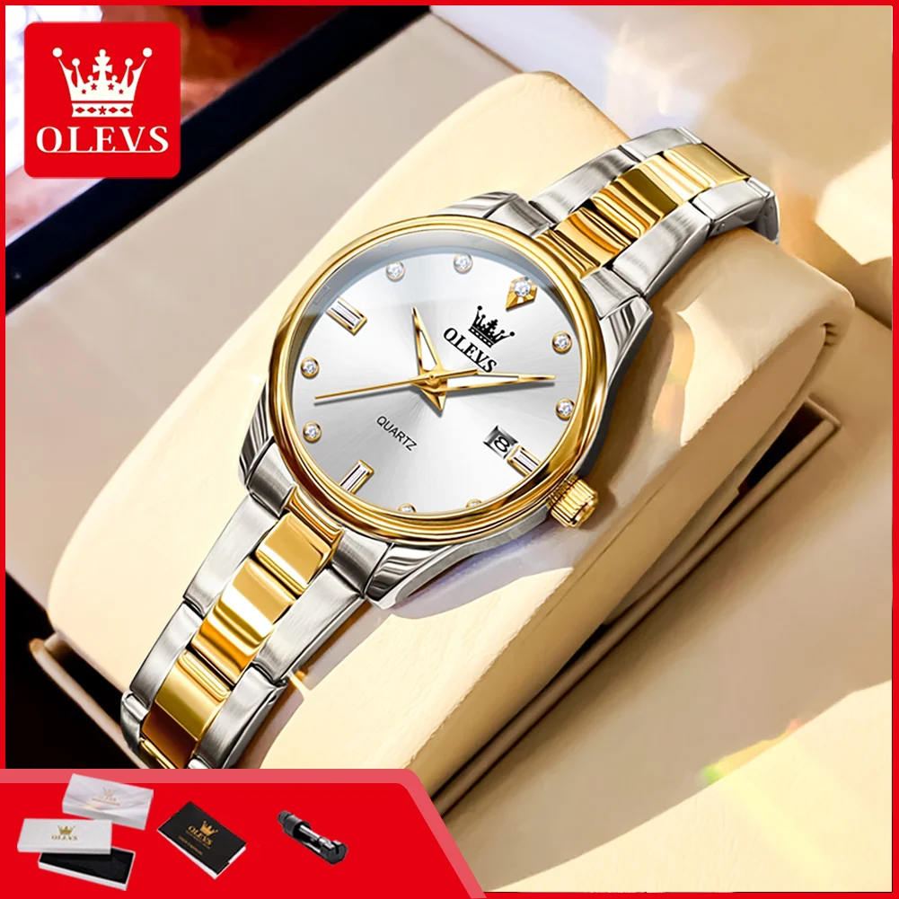 OLEVS 3621 Diamond Quartz Watches for Women Original Waterproof Luminous Calendar Simple Elegant Steel Strap Ladies Wristwatches