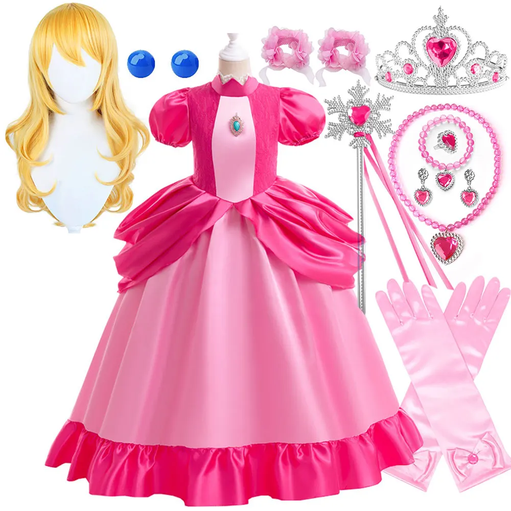 

Classic Princess Toadstool Peach Girl Cosplay Princess Dress Children Birthday Party Carnival Fancy Outfit + Accessories Set