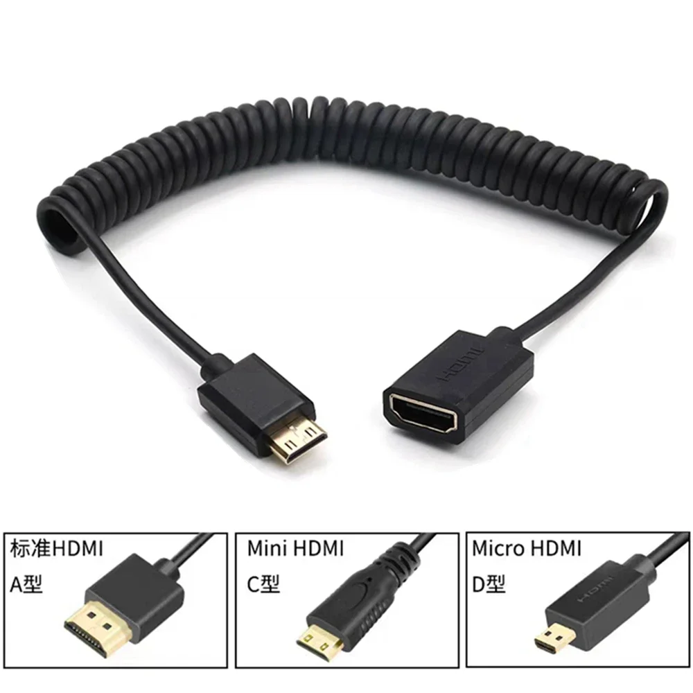 Mini HDMI Compatible with Female HDMI Spiral Cable HDTV 2.0 to Micro HD Stretch Spring Curl Flexible Thin Cable 2k 4k HD Up 60Hz