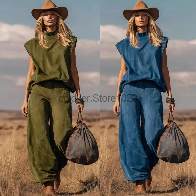 

2pcs Set Summer Casual Outfits Women Solid Color Simple Sleeveless Top Wide-leg Trousers Set Ladies Fashion Holiday Streetwear