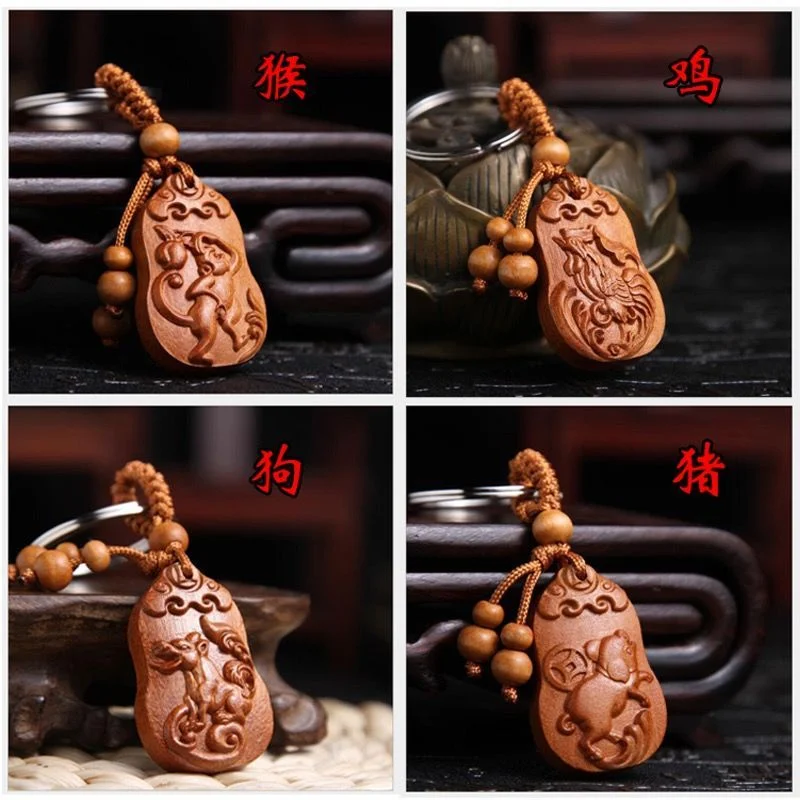 سلسلة مفاتيح مع قلادة ، مصنوعة من الخشب ، البروج ، الماوس ، البقر ، النمر ، الأرنب ، التنين ، الثعبان ، الحصان ، الأغنام ، القرد ، الدجاج ، الخنزير ، سلسلة مفاتيح السيارة