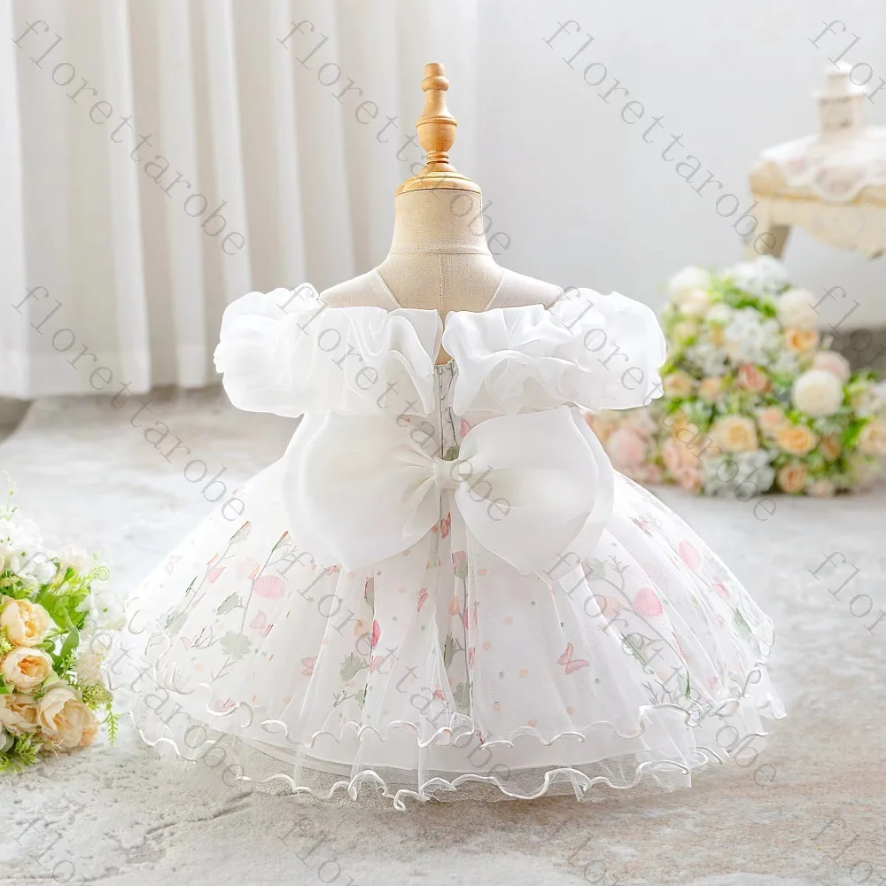 Customized White Flower Girl Dress A Line Short Round Neck Puff Sleeve Tulle Floral Print Ruffle Wedding Kid Party Princess Gown