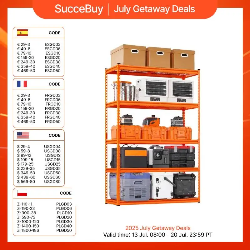 وحدات رف جراج معدنية من SucceBuy مكونة من 5 طبقات مقاس 18 بوصة عمق × 48 بوصة عرض × 72 بوصة ارتفاع برتقالي/أسود أرفف أرفف قابلة للتعديل لورشة المستودعات