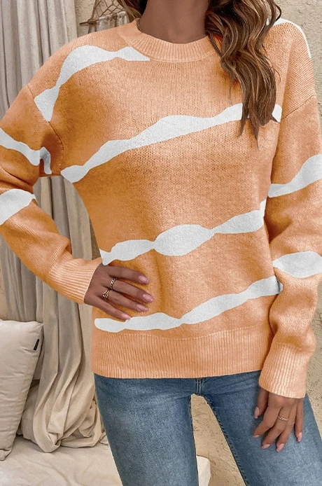 Fashionable Autumn Winter Sweater Casual Retro Knit Sweater Pullover Round Neck Contrasting Striped Sweater for Women