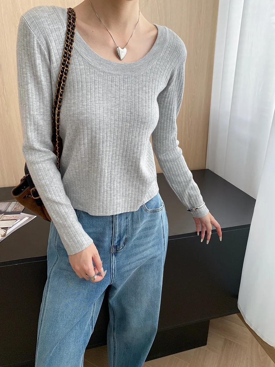 

2025 Spring And Autumn French-style Large Round Neck Slim Fit Striped Bottoming Sweater Top