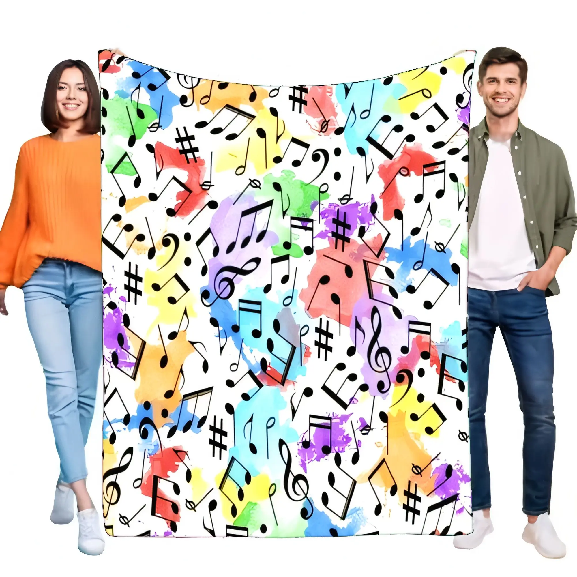 Musical Notes Blanket Colorful Watercolor Print Cozy Throw Soft Lightweight Perfect for Sofa Bed Home Decoration Gift for Music