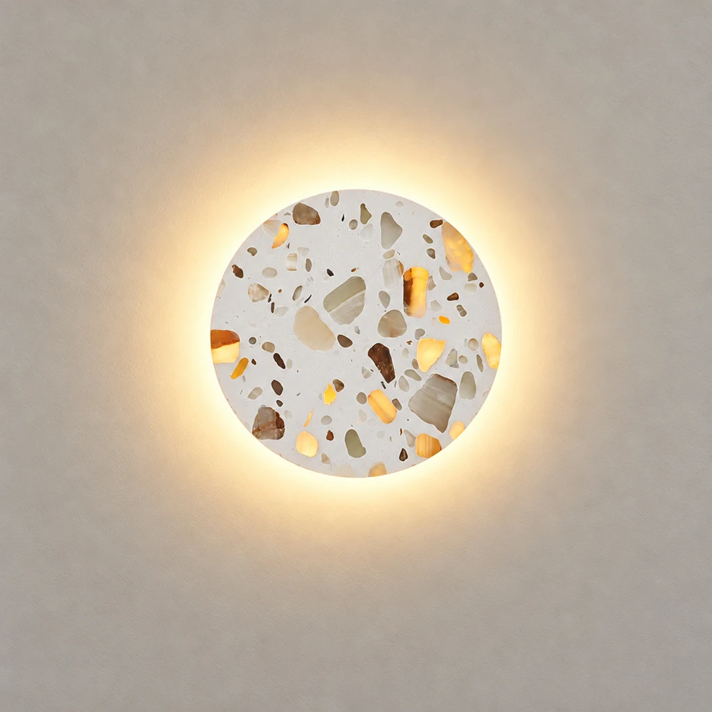 Modern Round LED Wall Sconce Translucent Terrazzo Agate Stone Wall Lamp 12W Hardwired AC85-265V Bedroom Dining Room Decor ﻿