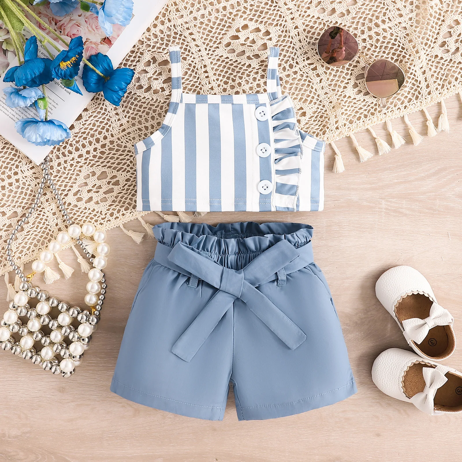 2Piece Summer Girls Clothing Sets Korean Fashion Stripe Button Sleeveless Cotton Baby Tops+Shorts Kids Boutique Clothes BC427