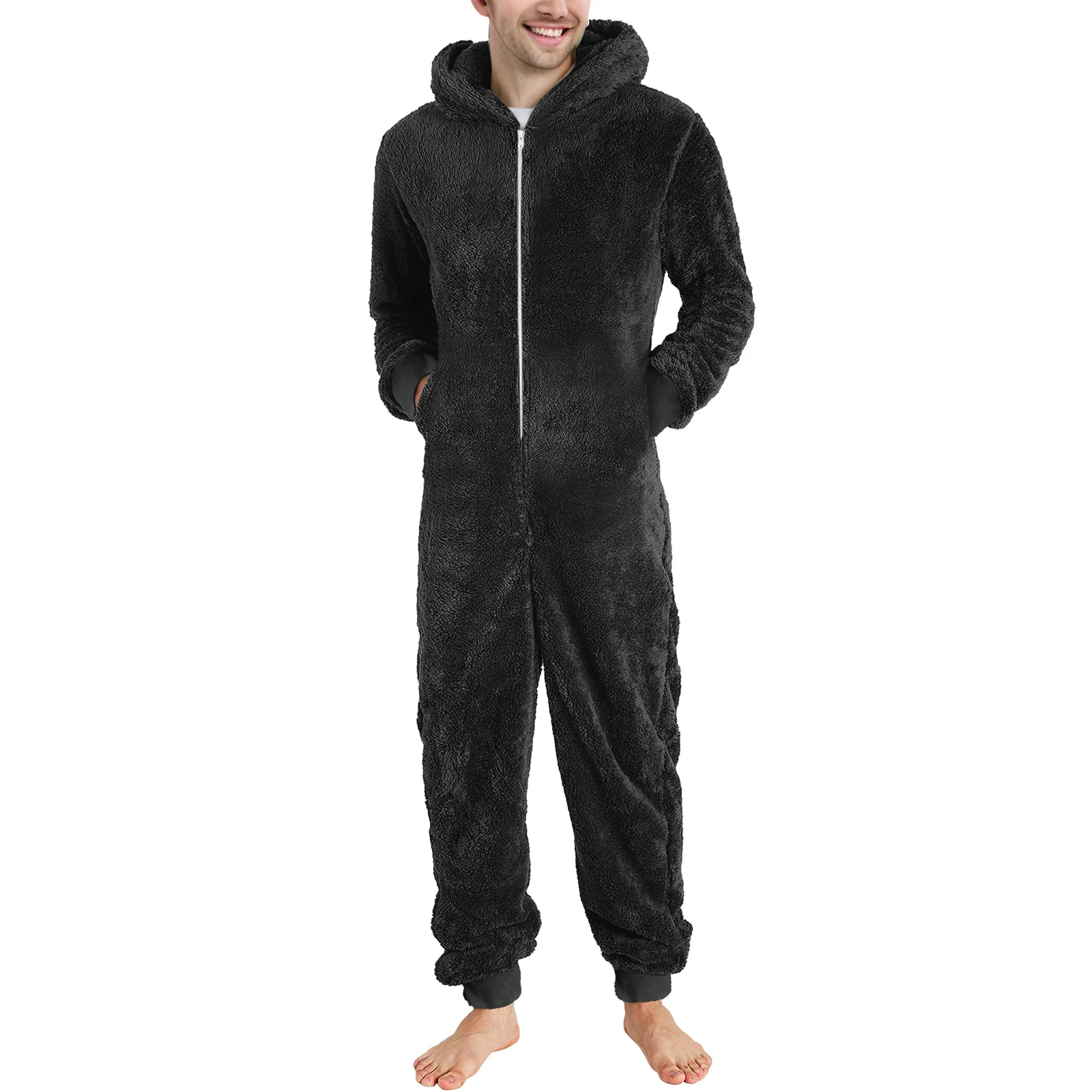 Fleece Overalls loser Spiel anzug Winter warmer Body Woll stram pler einfarbiger Pyjama Kapuze Home-Wear Reiß verschluss lässiger Stram pler